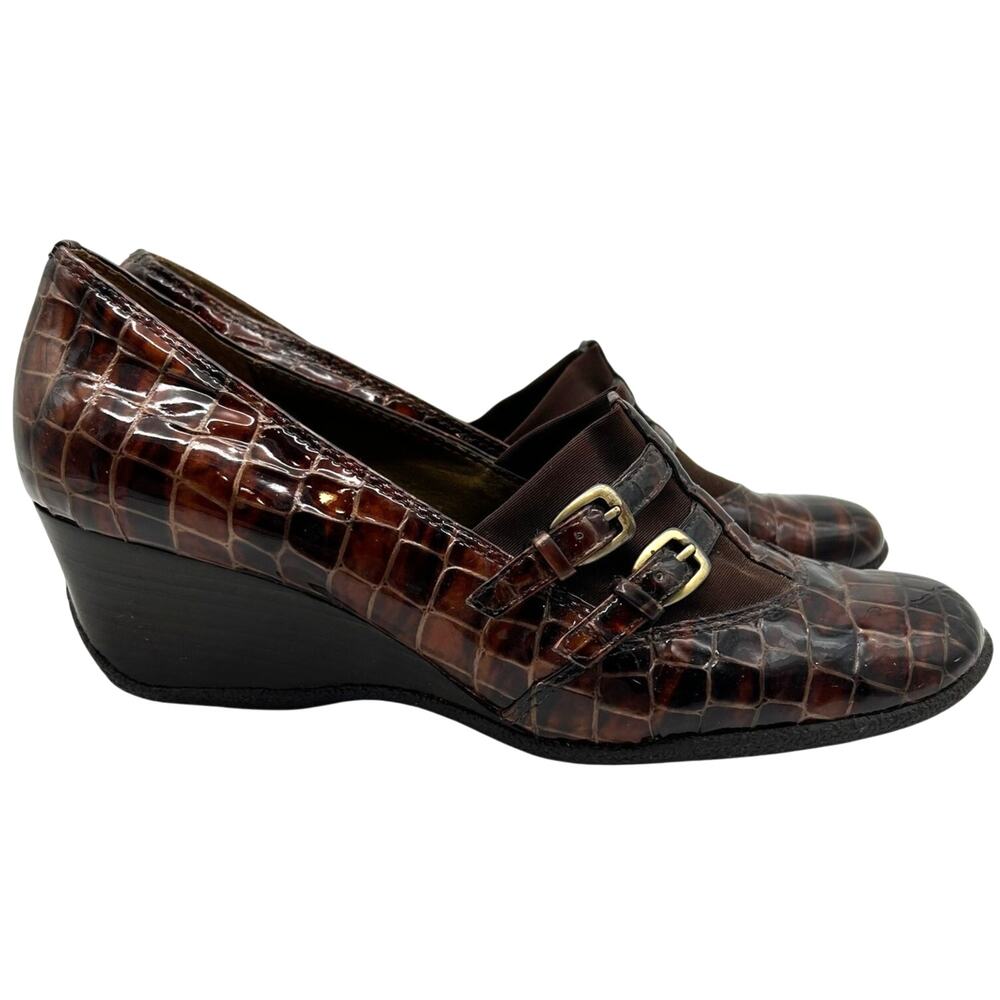 Vintage Croc Embossed Patent Leather Wedge Loafer SIZE 9 Buckle Academia Fall